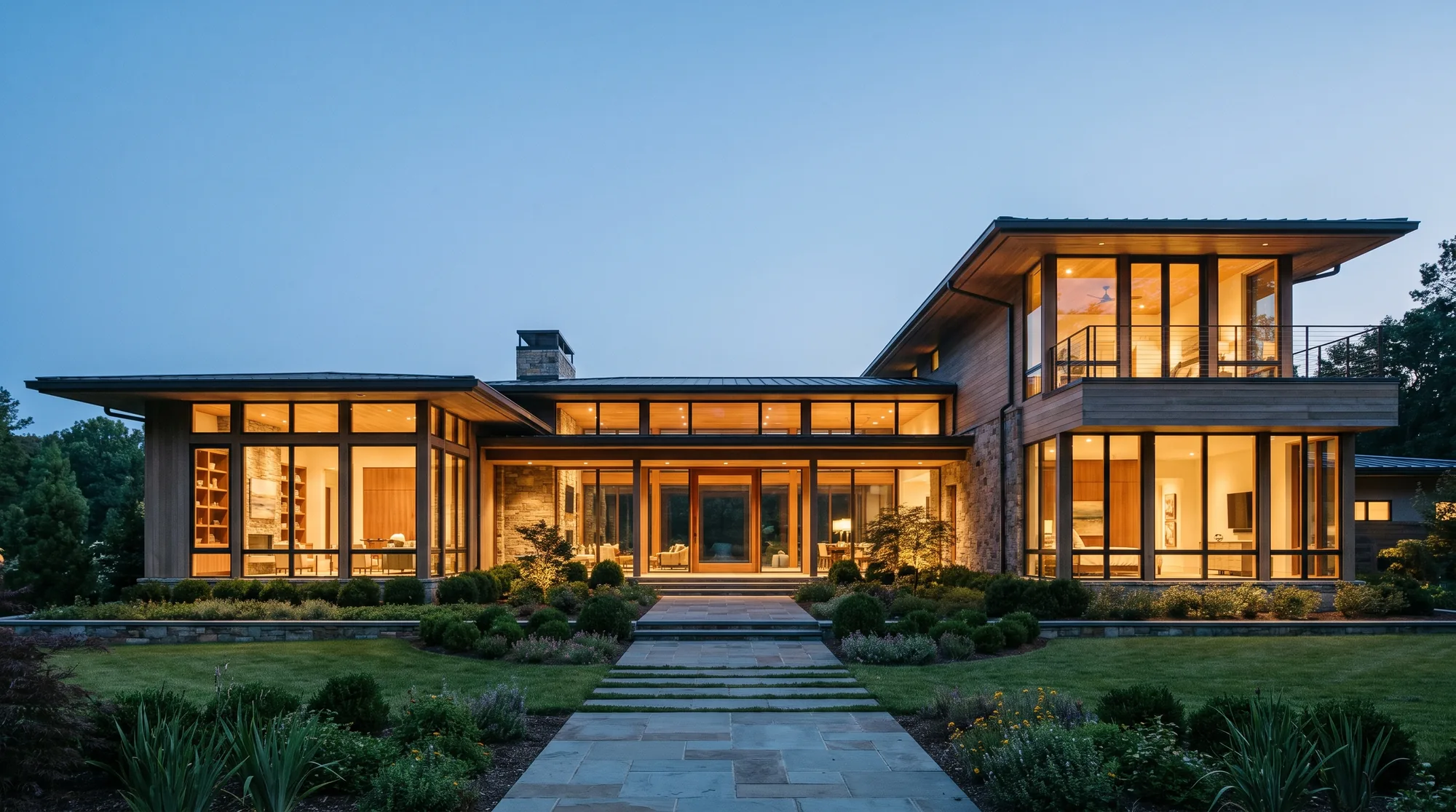 Modern Carolinas home at twilight with warm interior lights